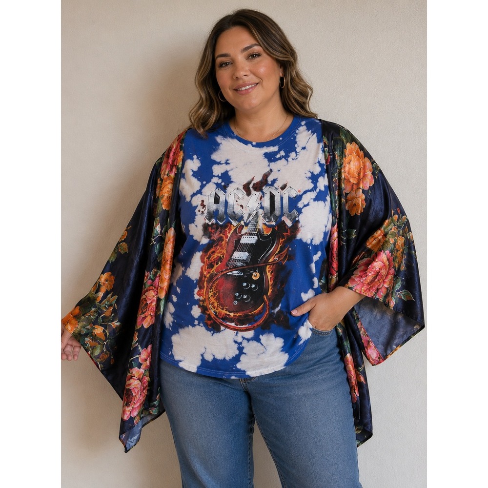 AC/DC Custom Tie Dye Upcycled Top with Floral Satin Kimono Sleeves Blue O/S - Picture 6 of 6
